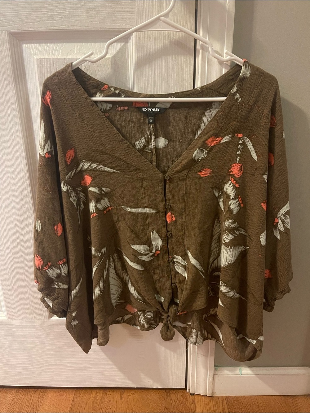 Express Olive Floral Button Tie-Front Blouse with Coral Accents